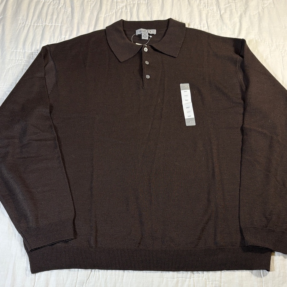 Linea Uomo Men's 3XLT Chocolate Brown Wool Blend Long Sleeve‎ Polo Sweater NWT